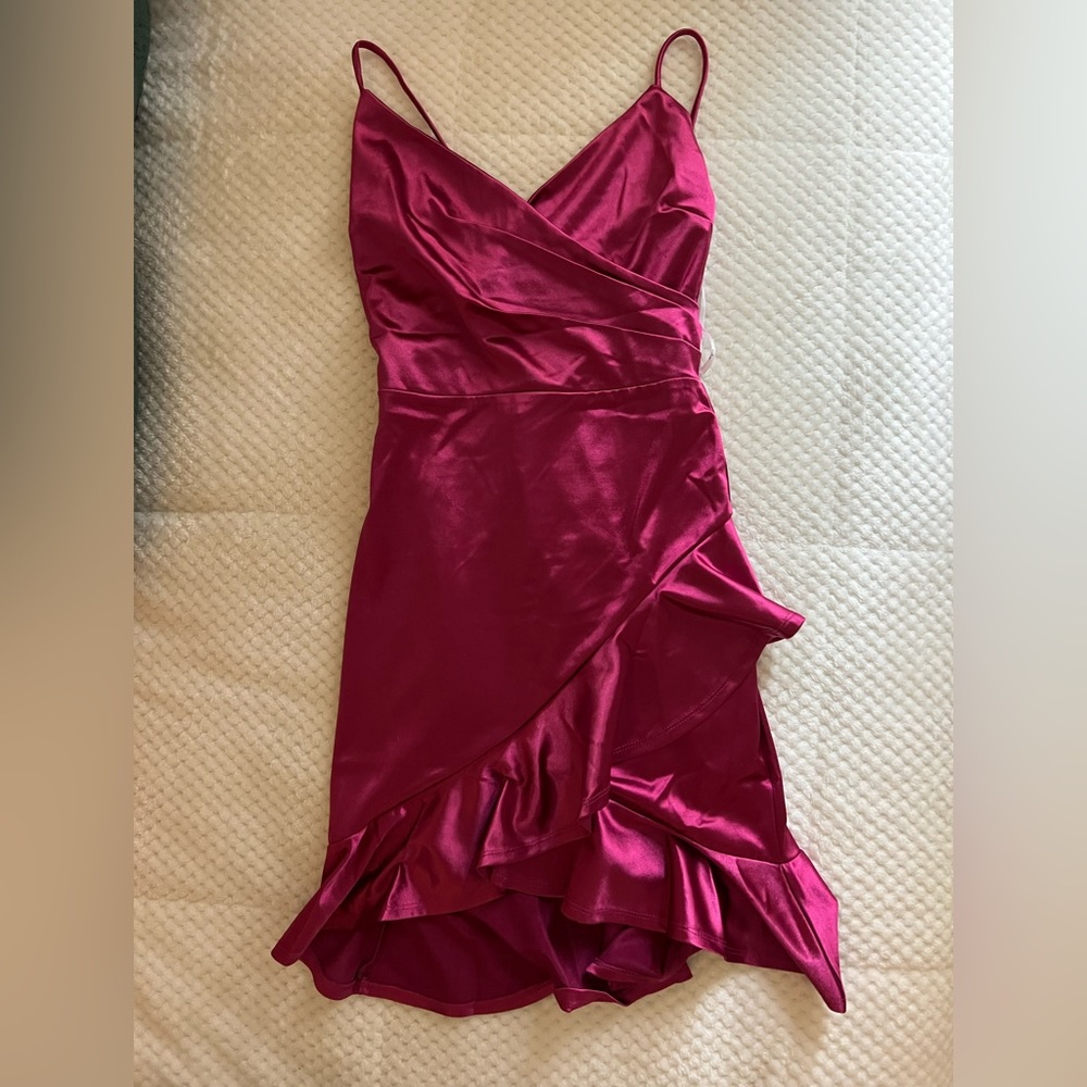 Pink Silk Mini Dress with Ruffles Spaghetti Strap
